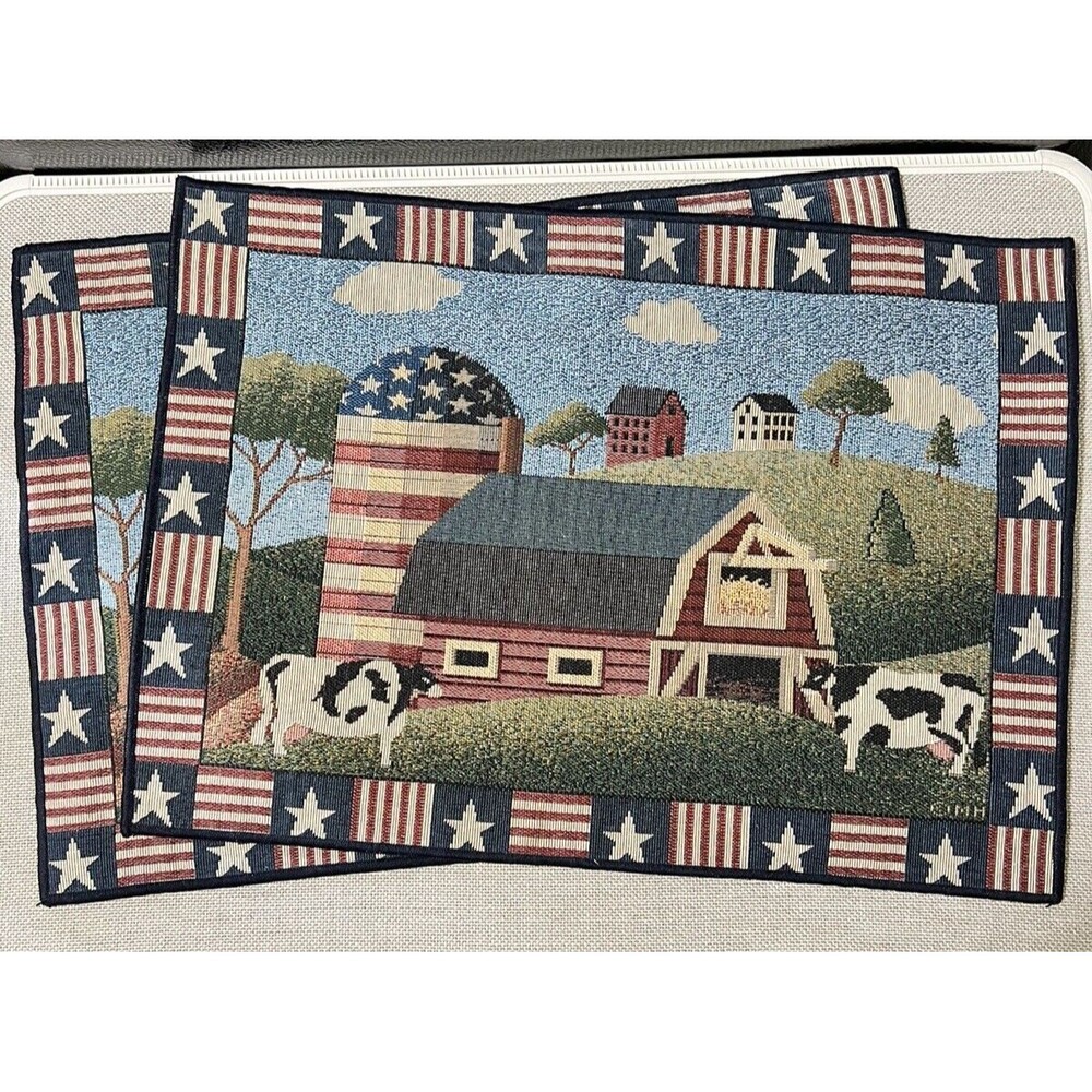 Farm Cow/Barn 4 pc. Placemats Red White Blue Patriotic Farmhouse Decor Americana - Picture 2 of 8
